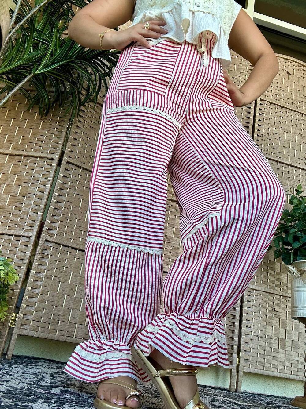 NEW MELLO stripe frilly jogger pants in red